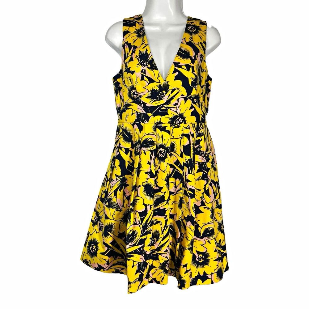 J.CREW Fit & Flare Floral V-Neck Sleeveless Knee Dress Zip Lined Yellow 10